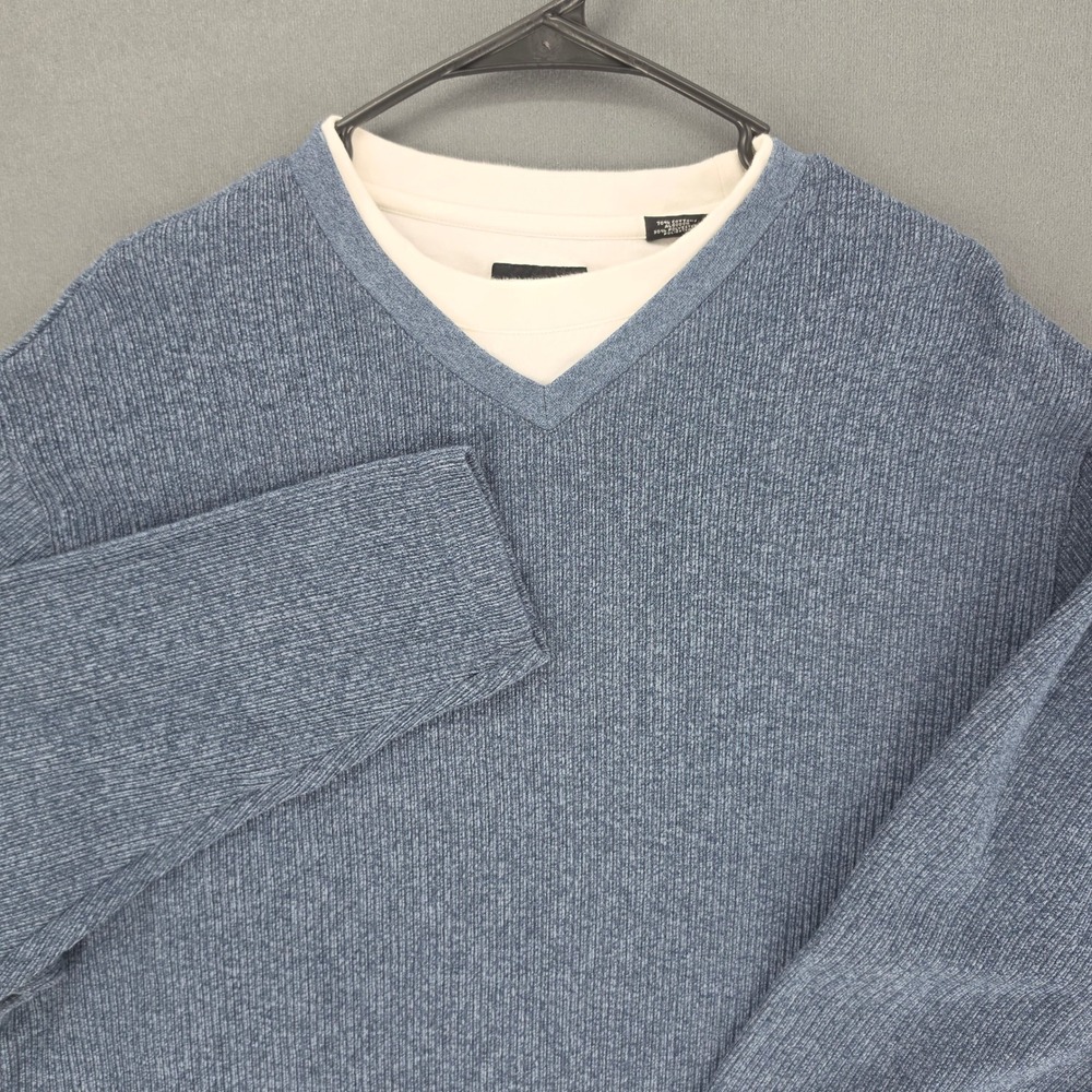 Haggar Mens XXL Blue Marled V-Neck Layered Look Ribbed Knit Sweater 0074